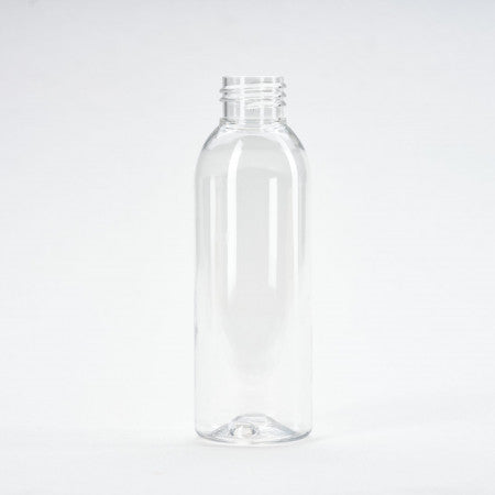 Clear, 100mL PET boston round bottle. 24/410 neck size.