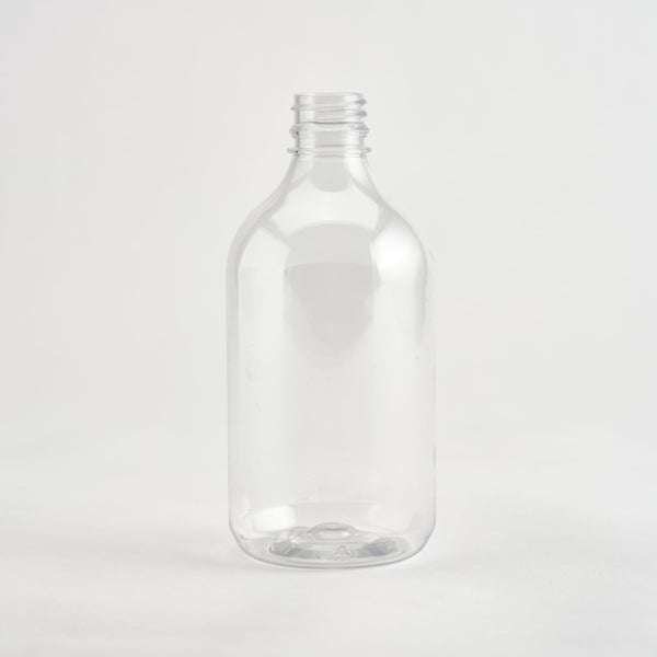 Clear, 500mL PET veral boston round bottle. 28/410 neck size.